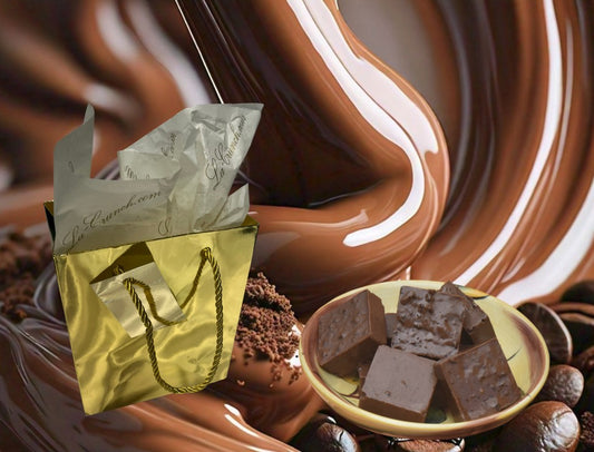 Smooth chocolate on a plate with a gold bag and swirling chocolate background