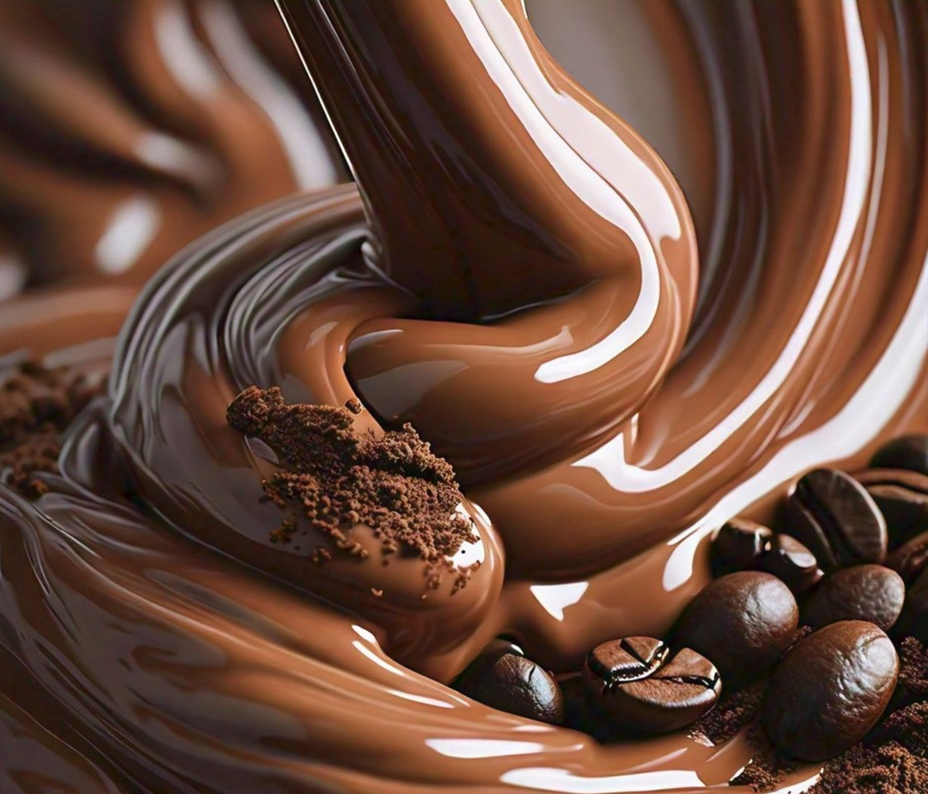 Chocolate being poured over coffee beans and ground coffee